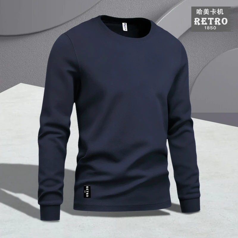 春秋美式纯棉纯色长袖T恤套头圆领秋衣男上衣体恤秋冬打底衫卫衣