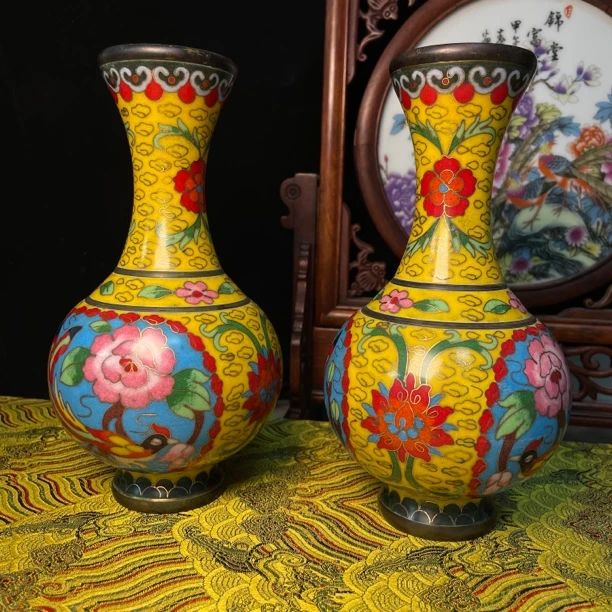 古玩古董文玩景泰蓝成对帝王紫铜花瓶客厅摆件礼品办公室