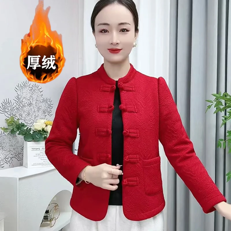 秋冬加绒加厚国风复古外套妈妈装上衣大码气质中老年保暖防寒棉袄