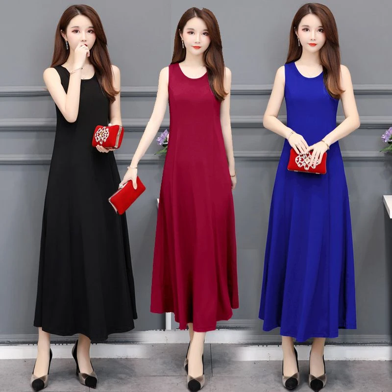 夏季无袖连衣裙女薄款过膝长裙收腰显瘦气质大码内搭打底裙背心裙