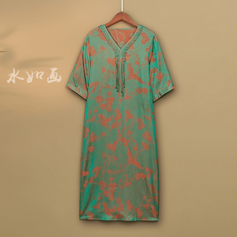 【琉璃】2024春夏新款新中式连衣裙国风V领提花宽松短袖连身裙女款