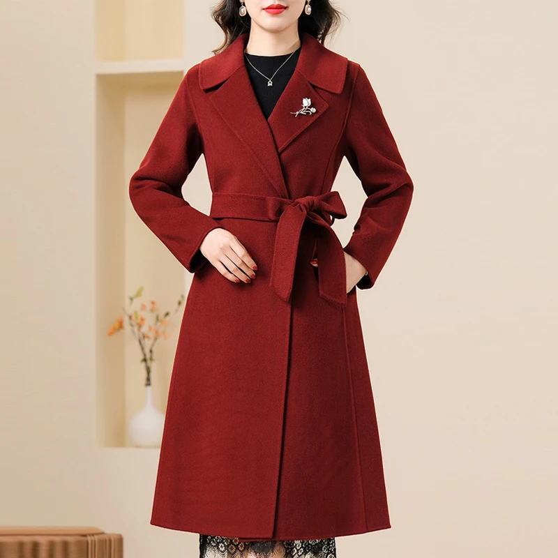 喜婆婆婚宴双面羊毛大衣2024秋冬长款洋气中老年妈妈羊毛呢外套