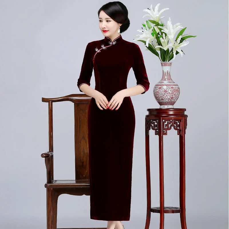 素色金丝绒中长款旗袍长款中老年妈妈装喜婆婆连衣裙秋气质中国风