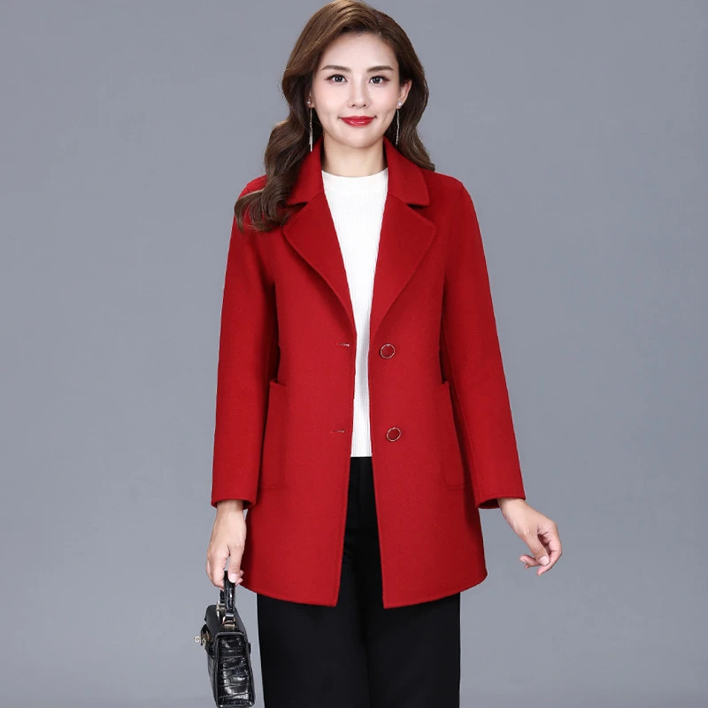 喜婆婆婚宴双面呢100%羊毛大衣女短款秋冬新款中老年妈妈装外套