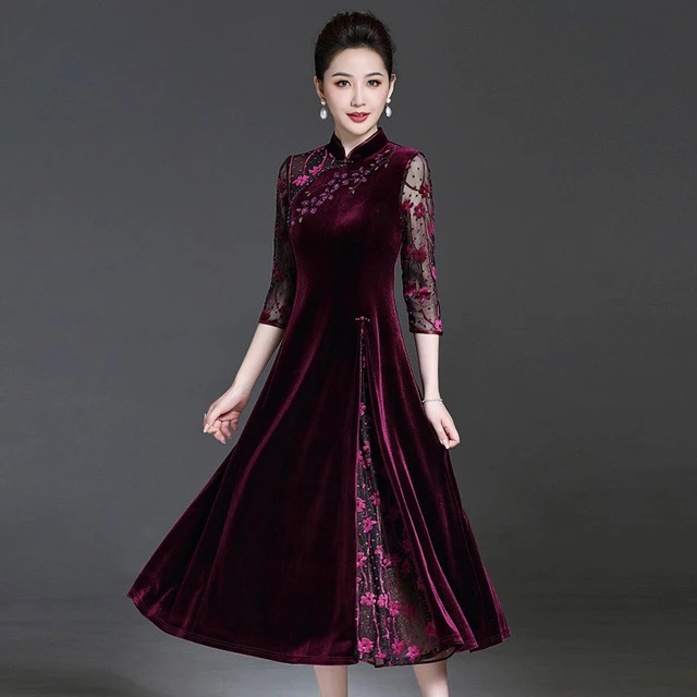 中国风金丝绒改良旗袍妈妈连衣裙中老年女装秋装喜婆婆婚庆礼服