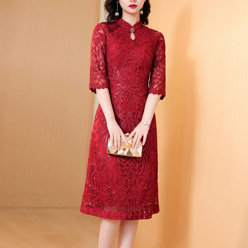 重工刺绣盘花改良旗袍年轻喜婆婆喜妈妈婚宴礼服春秋夏装婚庆衣服
