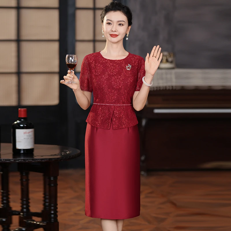 年轻喜婆婆喜妈妈婚宴礼服蕾丝气质连衣裙高贵夏装新款时髦高档