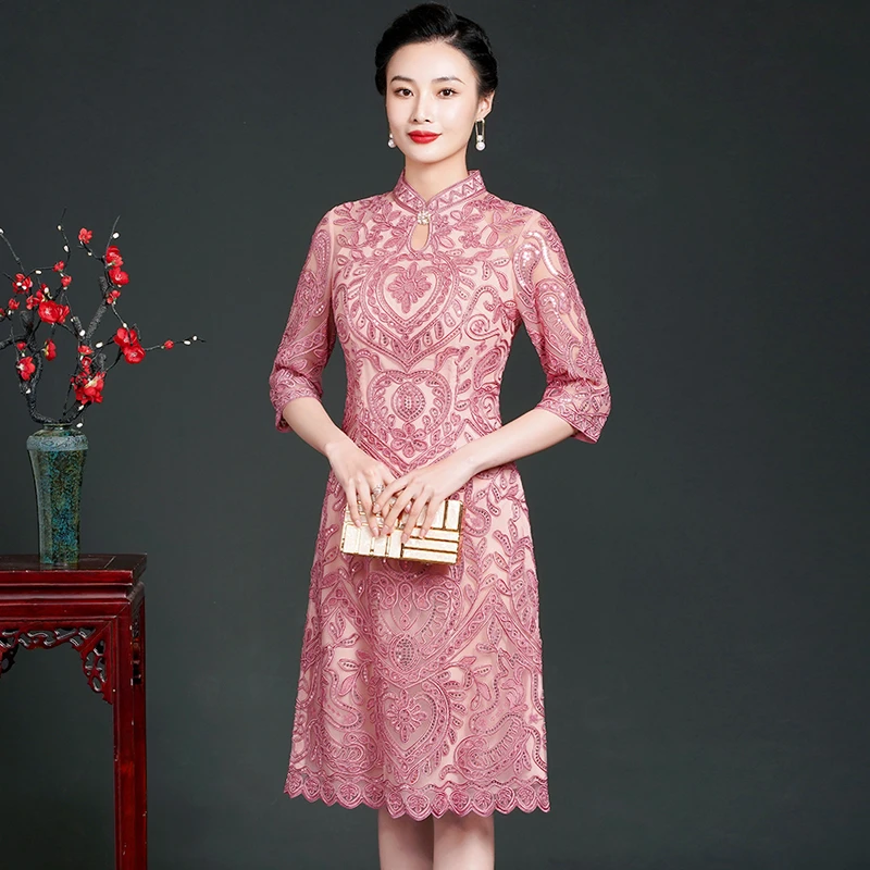 年轻小个子妈妈蕾丝气质连衣裙厚婚宴喜婆婆丈母娘旗袍礼服春秋装