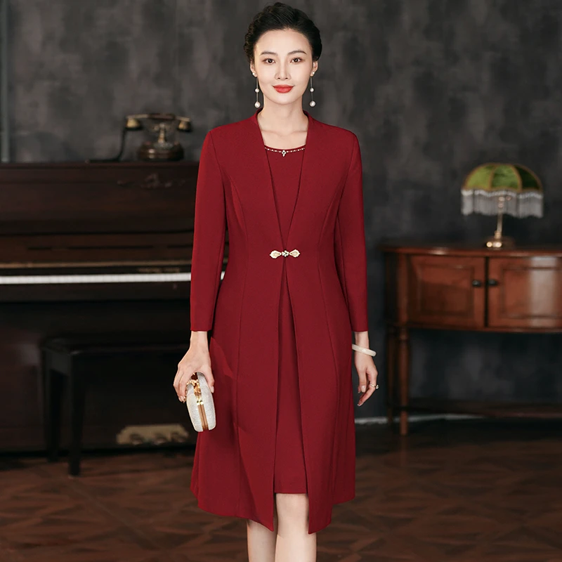 高档婚宴妈妈秋冬两件套连衣裙2024新款喜婆婆长袖套装上档次婚庆