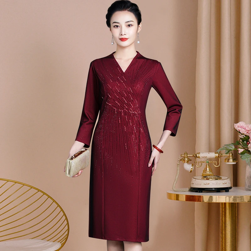 结婚小个子喜婆婆喜妈妈婚宴礼服V领气质连衣裙高贵婚宴春秋夏装