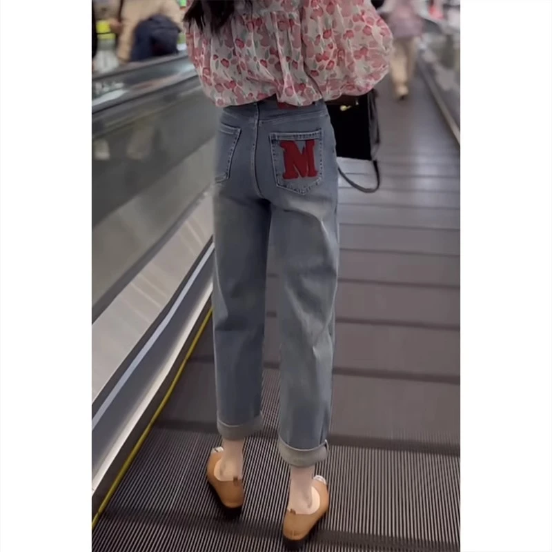 梨形身材弹力牛仔裤女2025春新款胖mm老爹裤大码高腰显瘦哈伦裤子