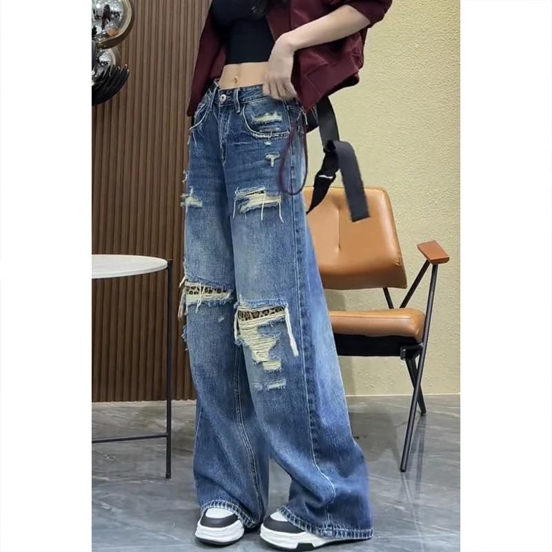 艾塔莉破洞牛仔裤子女2025春季新款梨形身材阔腿裤胖mm大码弯刀裤