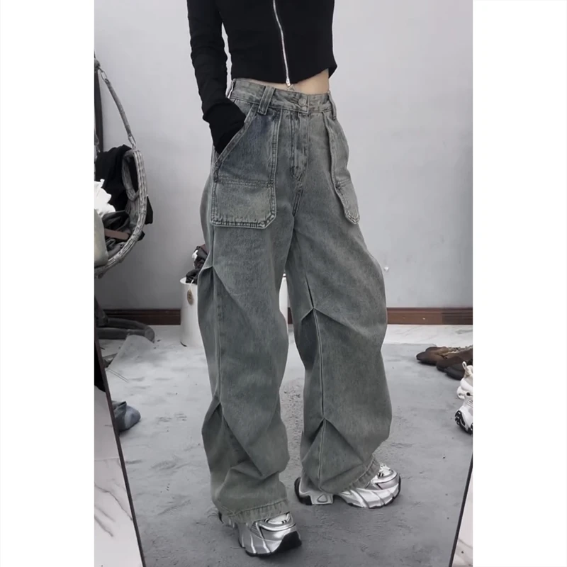 艾塔莉设计感显瘦阔腿牛仔裤女春夏新款梨形身材弯刀裤大码直筒裤