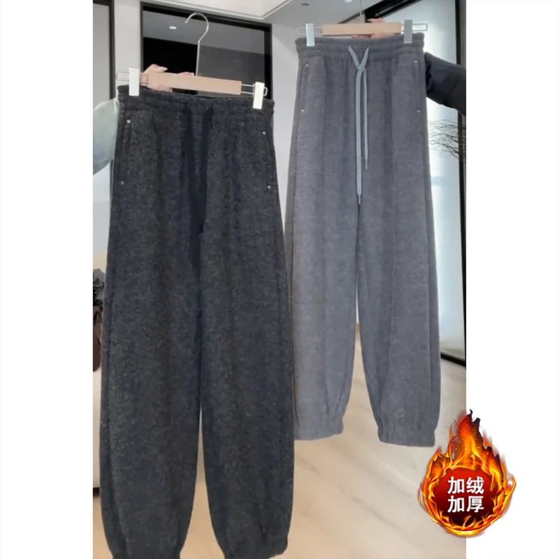 艾塔莉加绒加厚哈伦休闲裤子女秋冬新款胖mm显瘦大码阔腿裤小个子