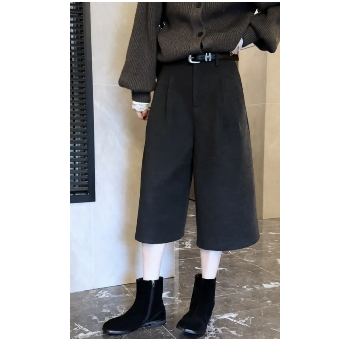 艾塔莉秋冬新款显瘦毛呢阔腿裤女胖mm梨形身材宽松直筒八分裤