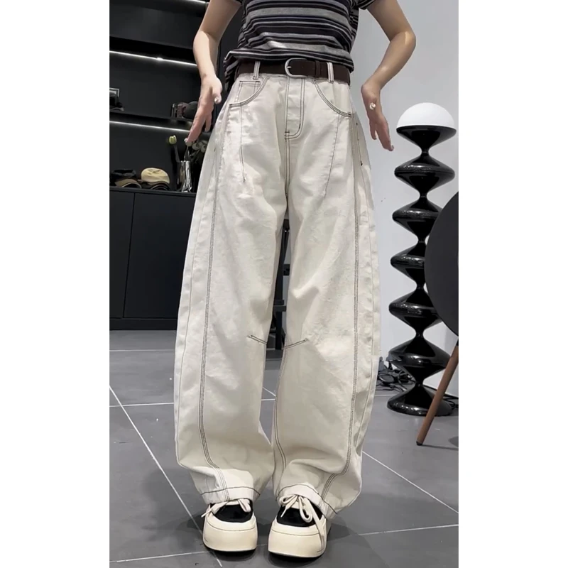 艾塔莉梨形身材阔腿哈伦牛仔裤女春夏新款胖mm老爹裤大码弯刀裤子