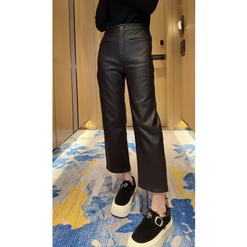 艾塔莉显瘦皮裤休闲裤女春夏新款胖mm梨形身材直筒裤小个子九分裤