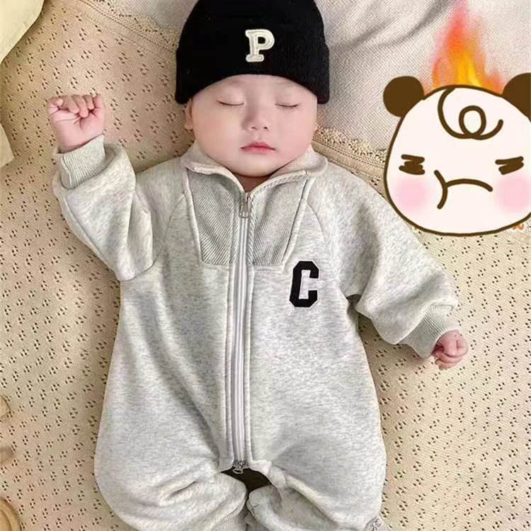 新款婴幼儿男女宝宝春秋舒适简约洋气立领连体衣外出服