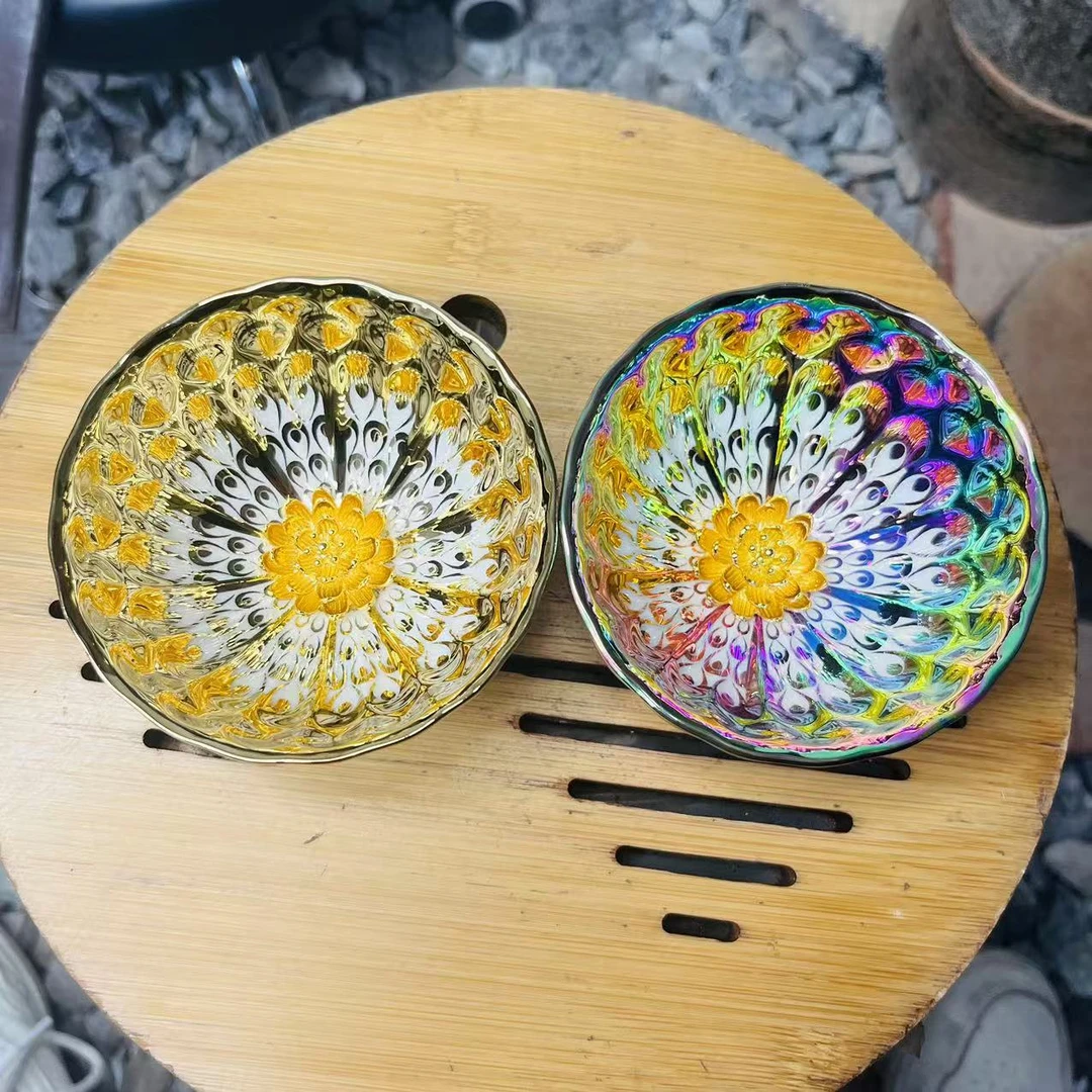 手工茶器  七彩梦幻金莲花+金玉满堂金莲花 对杯