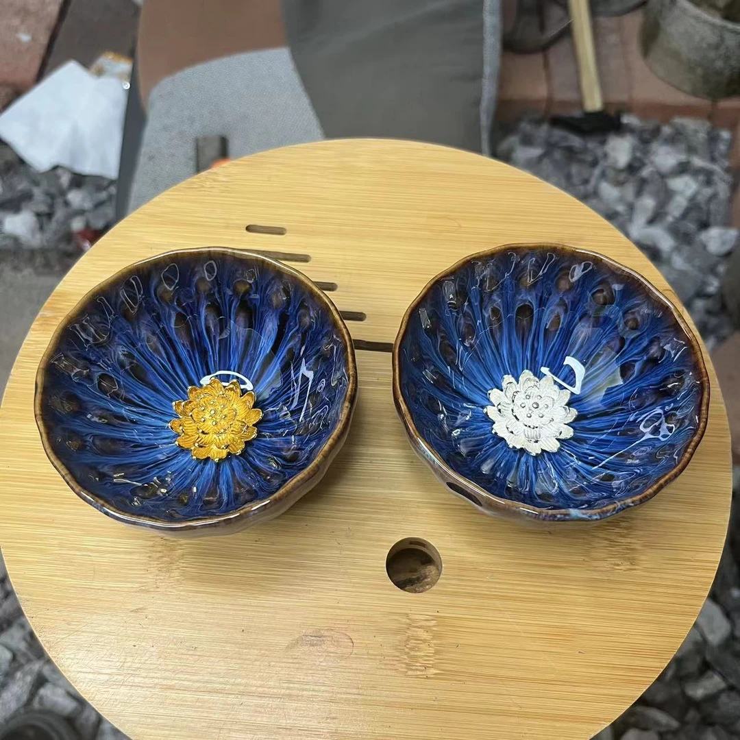 手工茶器 深海蓝金银莲花对杯b