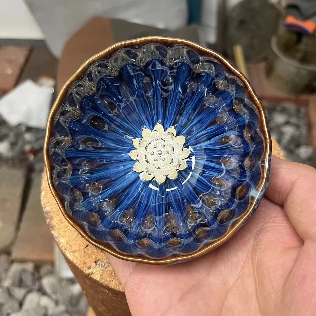 手工茶器 深海蓝窑变银莲花
