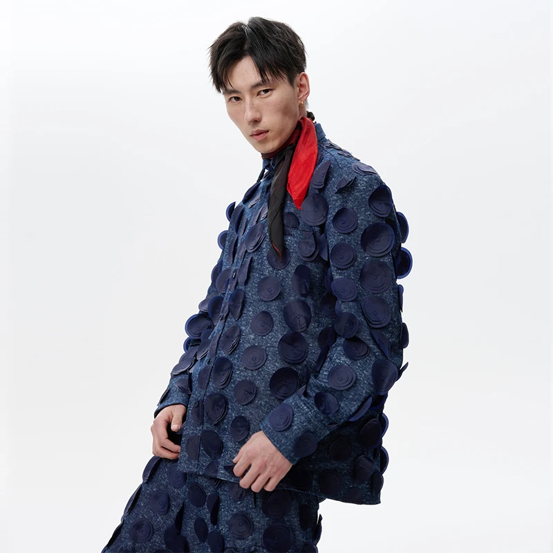 蜕幕| 设计师原创陨石衬衫秋季提花牛深蓝色立领仔衬衣