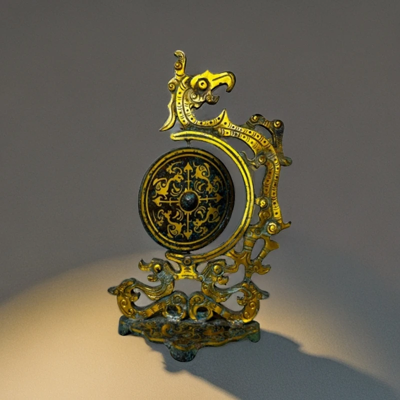 仿古搓金旋转铭文龙凤铜镜高28厘米长16厘米宽10厘米单个重3斤