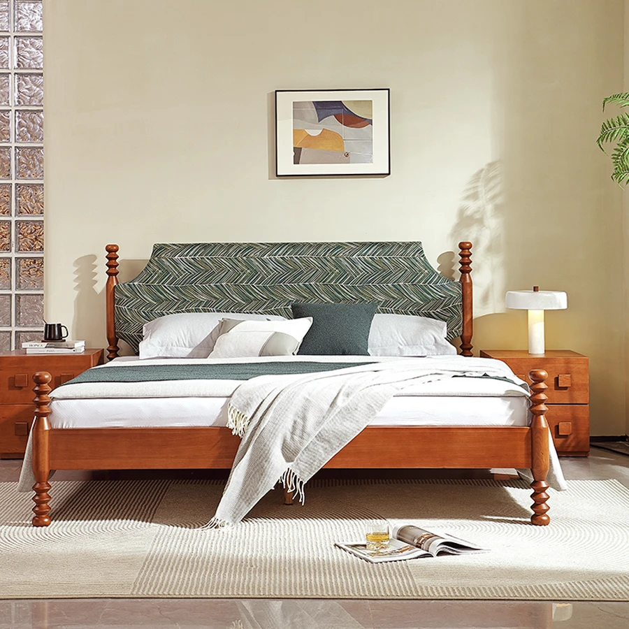 DS-Y502-18 【中古风】伊莎床樱桃木全实木软包床(1910*2110*1060H)