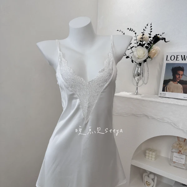 性感纯色蕾丝睡裙刺绣外袍开衫低胸吊带气质裙家居服套装气质美背