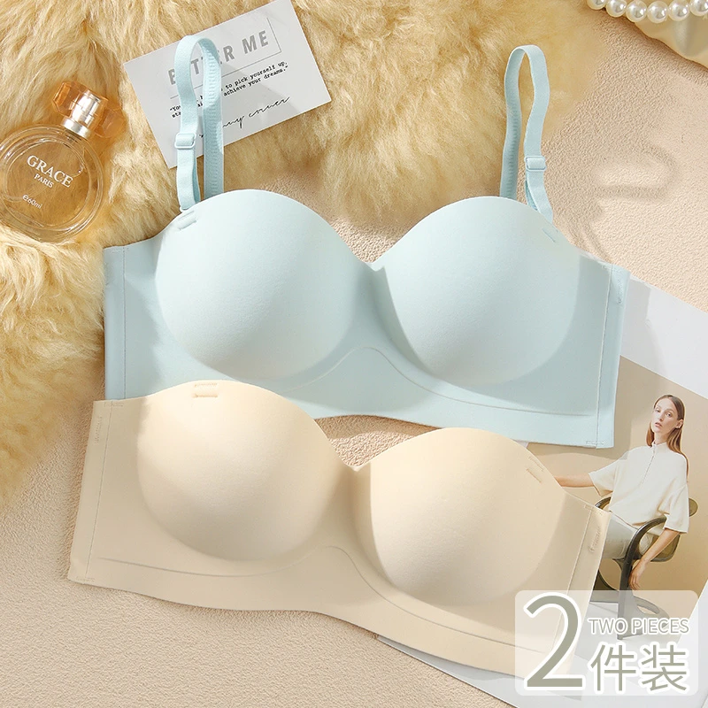 无痕无肩带内衣女小胸聚拢显大加厚防滑收副乳无钢圈漫画文胸罩夏