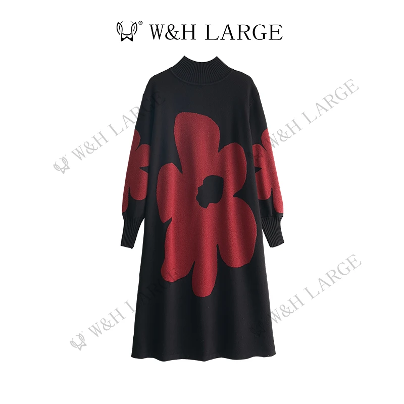 6481#秋冬新款大码女装两色连衣裙花朵图案设计小众简约