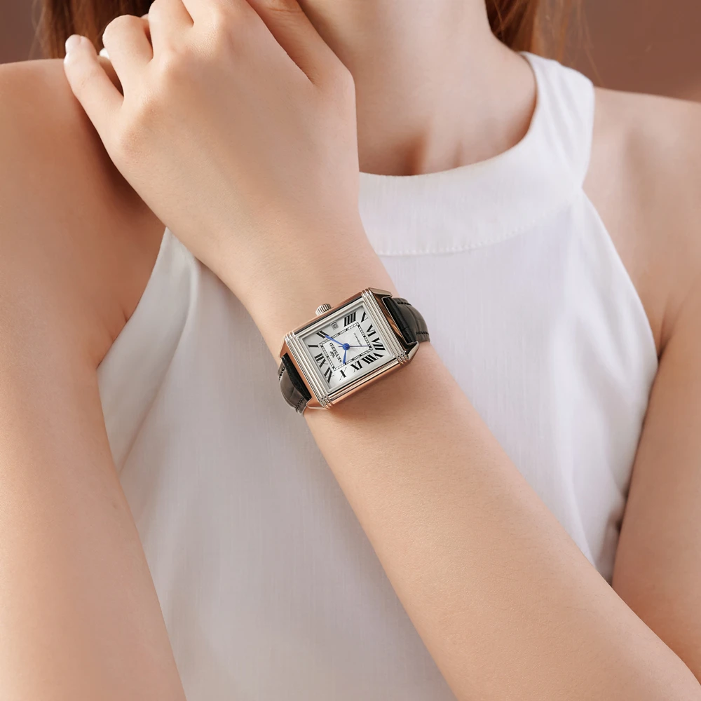 Tank系列 女士全自动机械腕表罗马数字面方形手表日历款（欢欢）