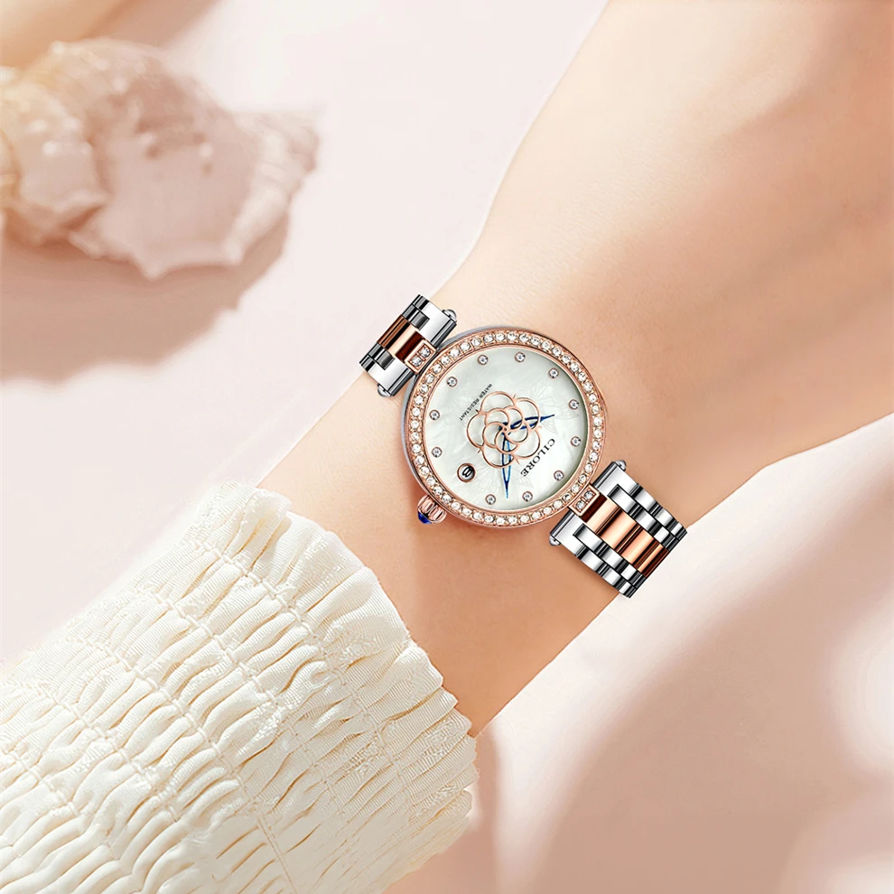 浪漫花语系列 轻奢女士腕表贝母盘镶钻日历款时尚腕表（董董）