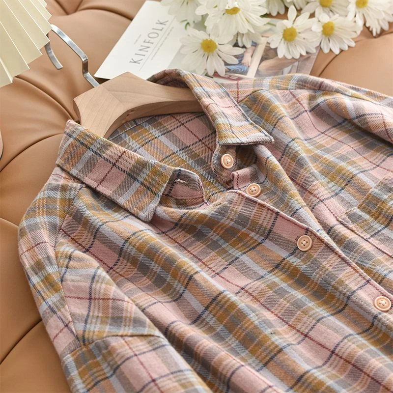 粉色磨毛衬衫女宽松长袖春秋2023年新品格子衬衣复古港味休闲上衣