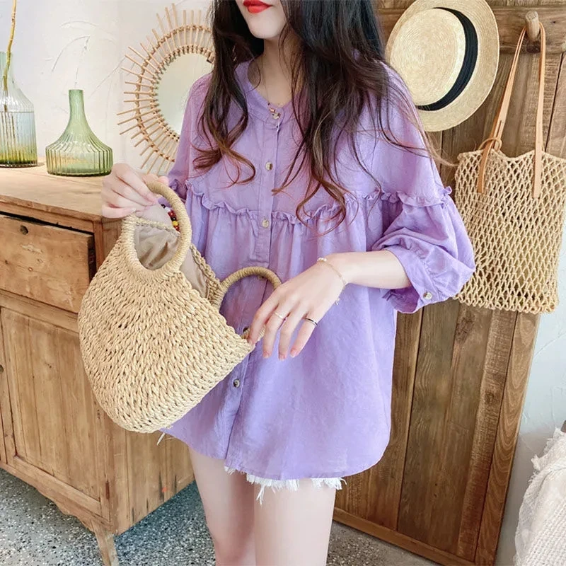 娃娃衫上衣女2023春夏韩版减龄宽松显瘦棉麻衬衣百搭甜美蓬蓬小衫