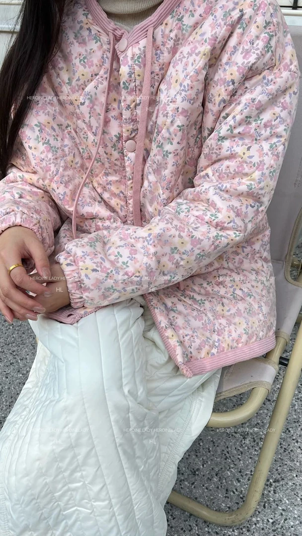 【粉色弥漫】HL秋冬圆领休闲甜美粉碎花显瘦宽松短款保暖棉服外套