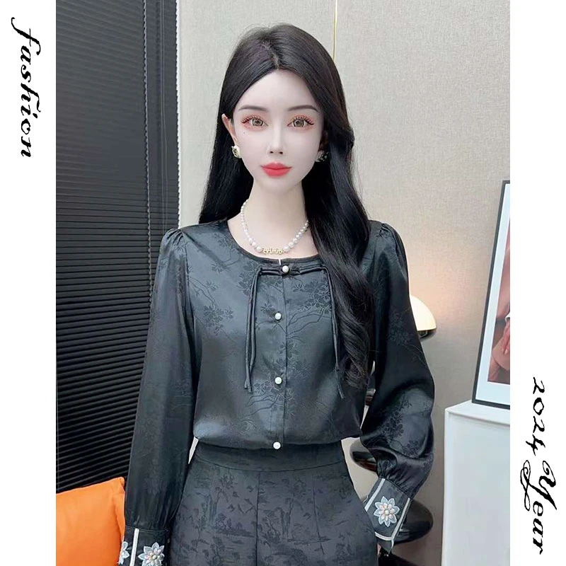 刺绣缎面提花高级感国风小衫女早秋外穿气质百搭时尚上衣衬衫女装
