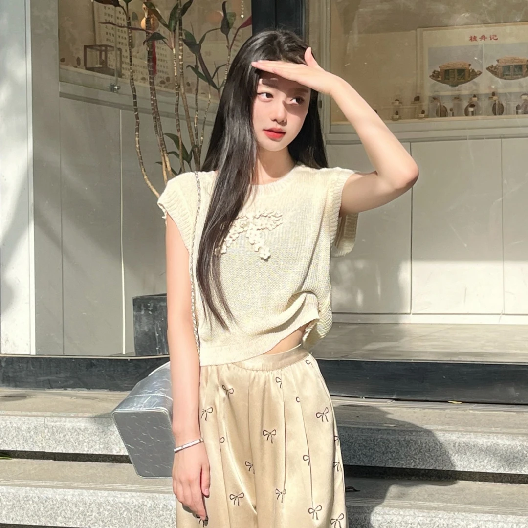 甜心宝贝 夏季圆领无袖千金蝴蝶结设计重工印花百搭简约T恤 5921