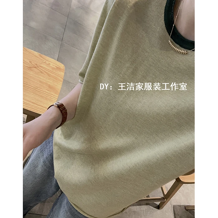 《自然风》王洁家自制韩系简约宽松百搭撞色圆领卷边套头针织衫