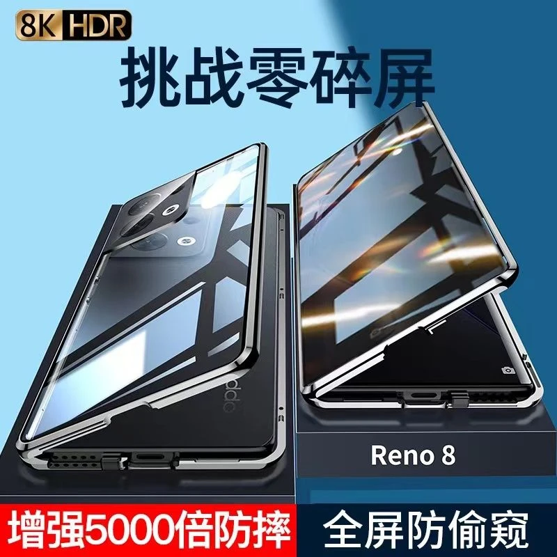 OPPOReno8手机壳防偷窥双面玻璃磁吸全包防摔Reno8Pro+透明保护套