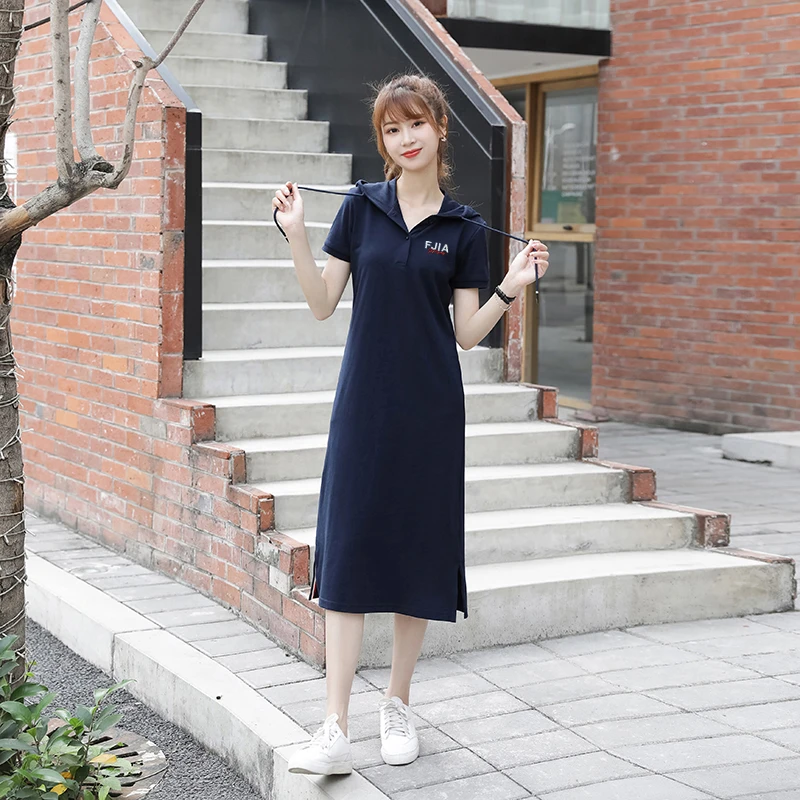连帽卫衣裙女夏新款过膝长裙温柔仙女裙Polo领裙子女装连学院风