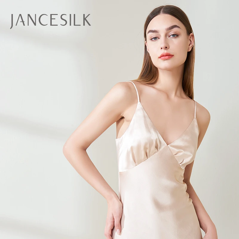 JANCESILK100桑蚕丝19姆米重磅真丝褶胸睡裙丝滑睡衣夏天家居服