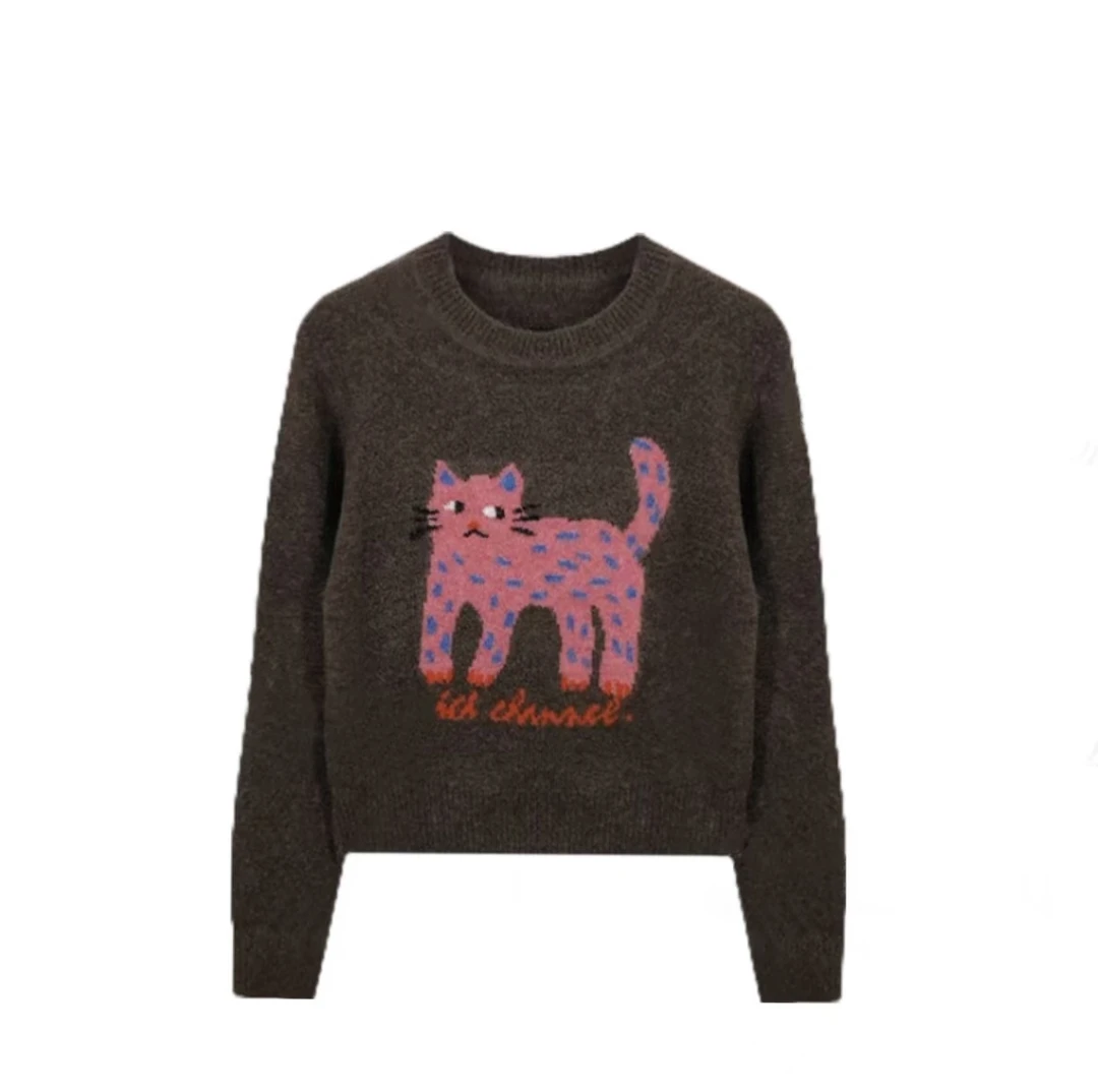 斑点猫~2024秋冬新款猫咪毛衣百搭针织可爱女生复古休闲毛衣