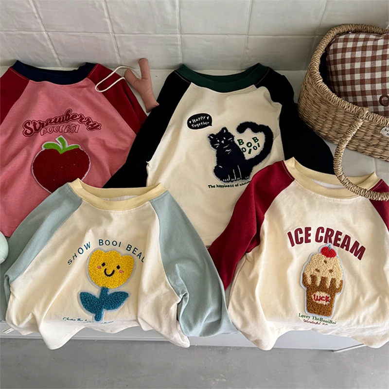 纯棉男女童插肩长袖T恤2024新款洋气春秋季宝宝上衣中小童打底衫