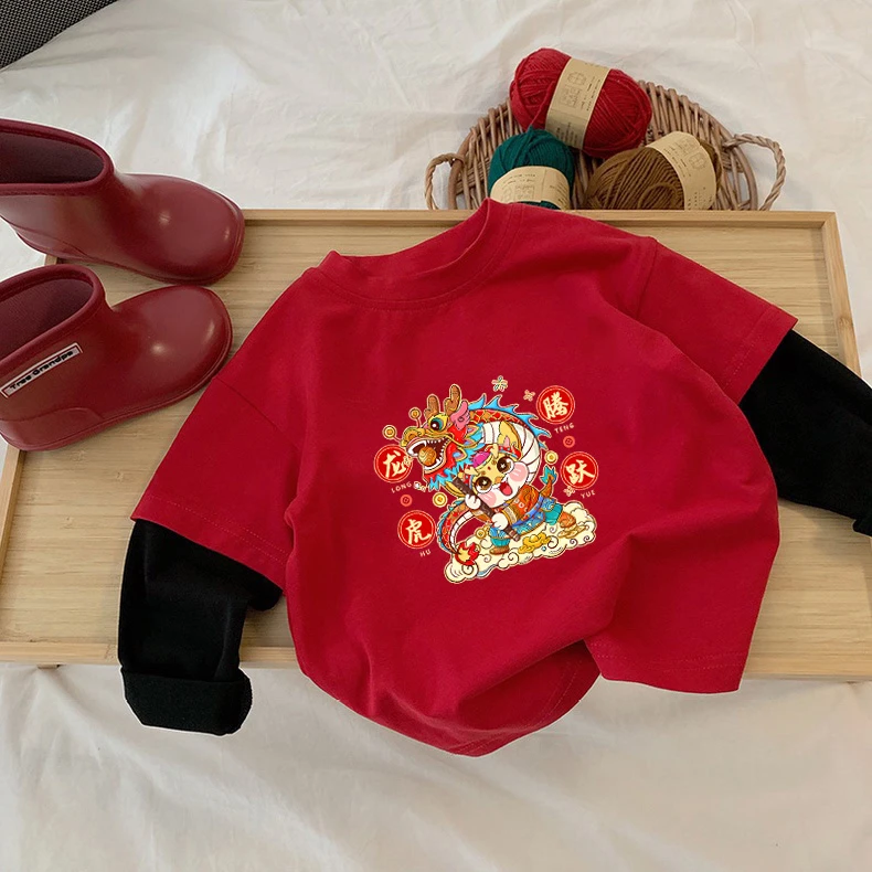 男女童假两件打底衫2024新款纯棉长袖T恤红色喜庆拜年服上衣洋气