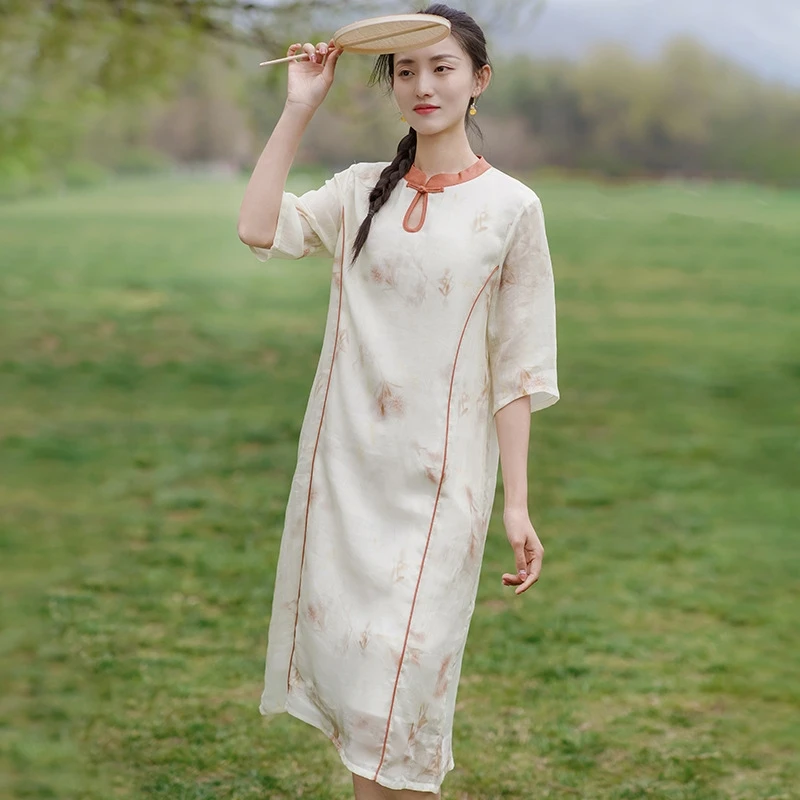 棉麻女装短袖连衣裙夏季女新中式改良旗袍裙苎麻复古裙子