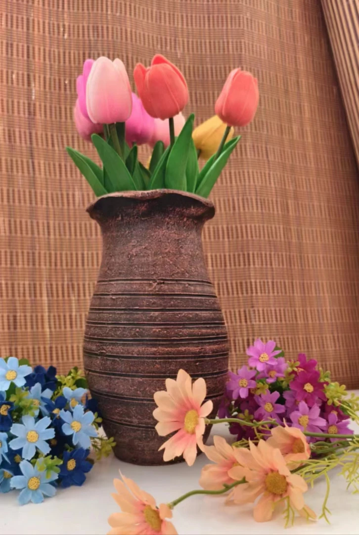陶罐处理花盆花瓶仿古做旧盆复古土粗陶花瓶花边古铜色