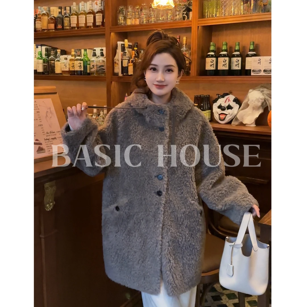 Basic House/百家好100绵羊毛百搭气质风慵懒连帽大衣
