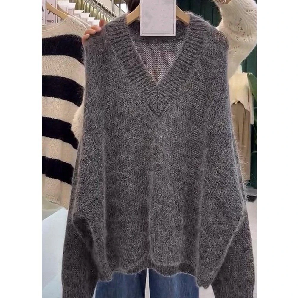 深灰色V领宽松慵懒毛衣针织衫女2024秋冬季新款韩系chic别致上衣