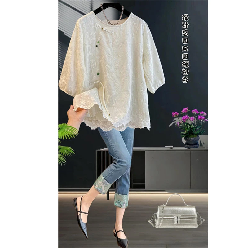 高级感蕾丝拼接刺绣五分袖衬衫女胖妹妹减龄大码宽松休闲小衫夏季